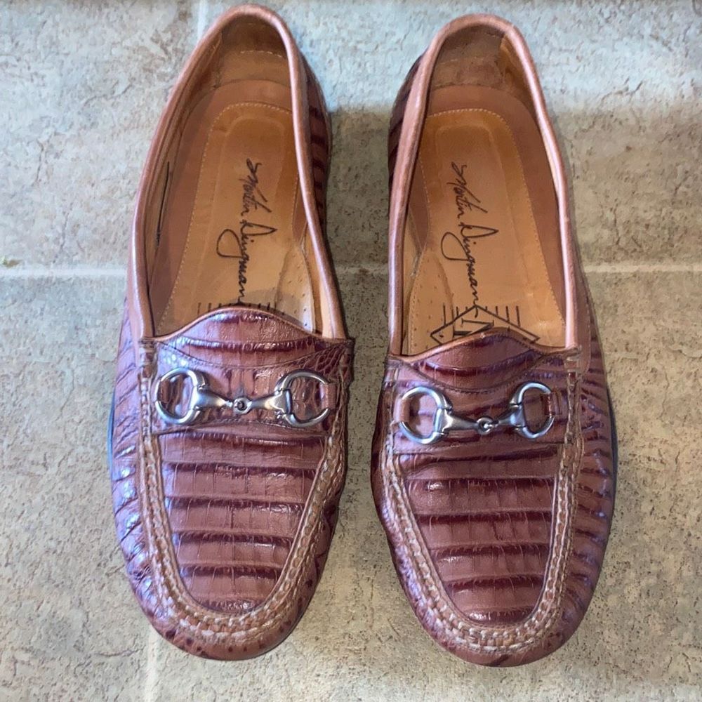 Martin Dingman Mens Brown Leather Alligator Grain Horse bit buckle Driver Loafer - Picture 1 of 10
